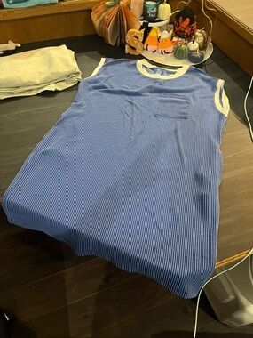 Striped Blue Tank Top dress with Contrast Cream Trim